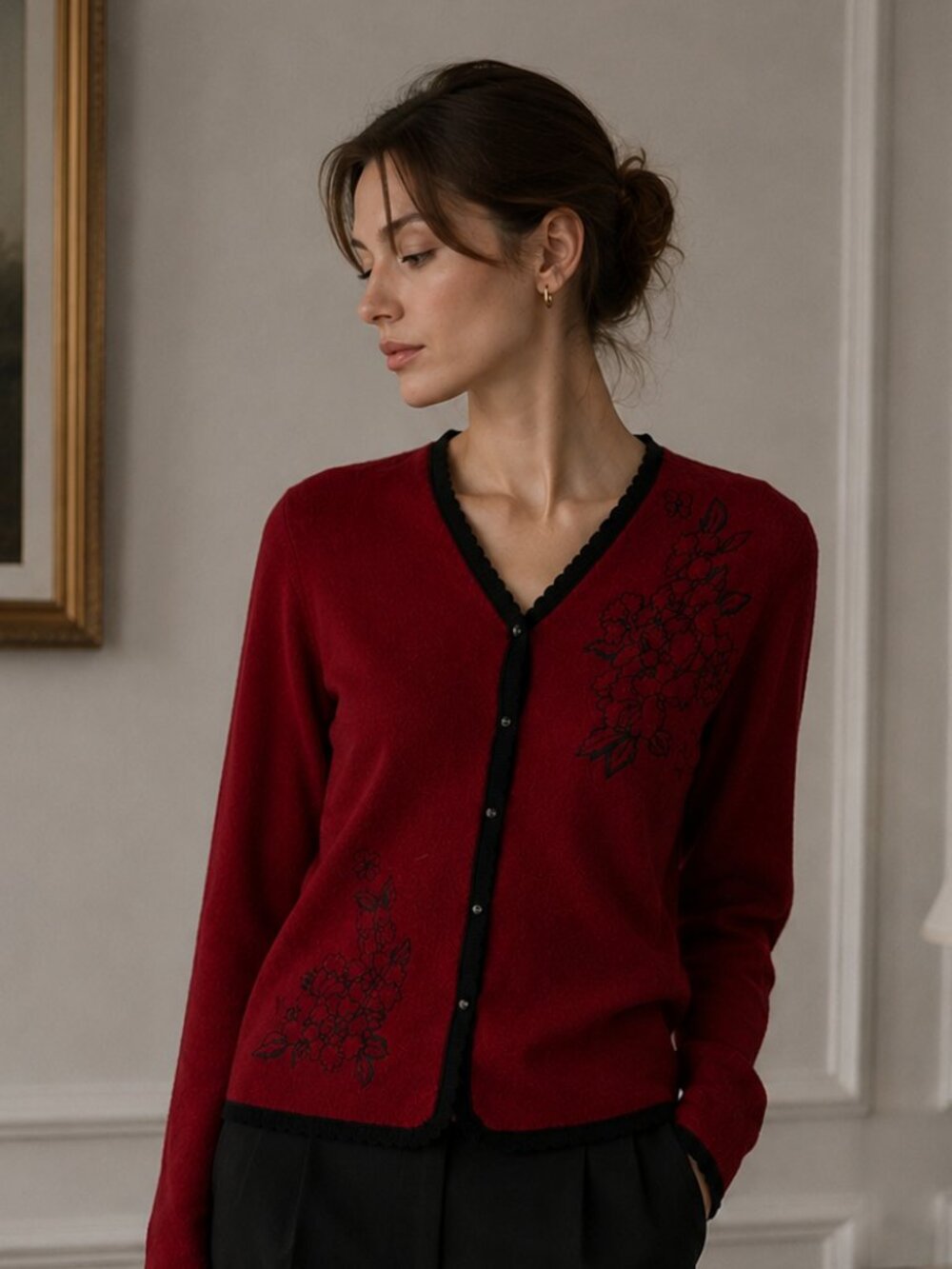 Vintage Koret Petites 100% Wool Red Floral Cardigan Women’s S Made In Macau